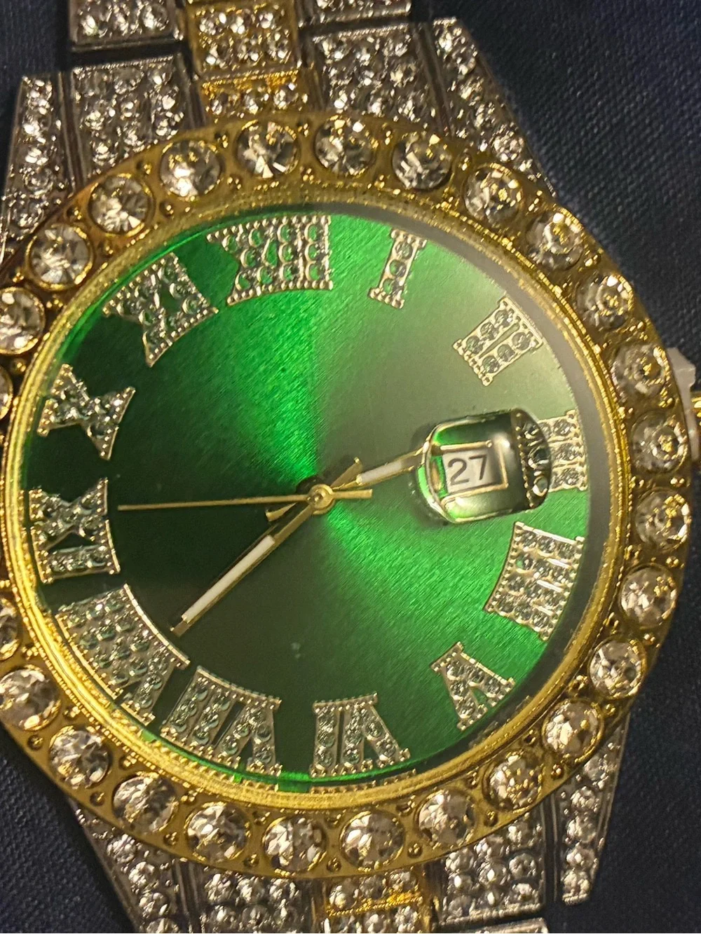 Gold-Tone Iced Out Watch with Green Dial and Crystal Accents